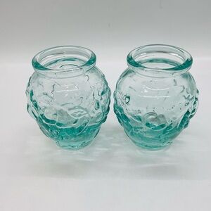 VTG 2 Set 3" Tall GLASS JARS Aqua Embossed Fruit VETRERIA ETRUSCA GLass Co ITALY